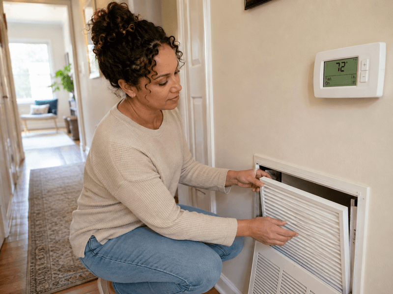 Homeowner installing a MERV 13 air filter and setting the HVAC fan to On during a wildfire smoke advisory.