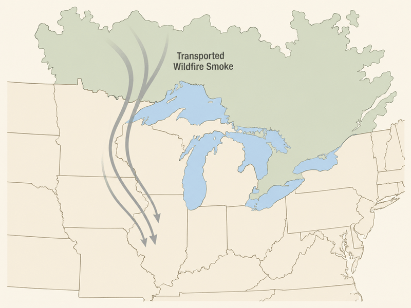 Map showing Canadian wildfire smoke transport path into Illinois.