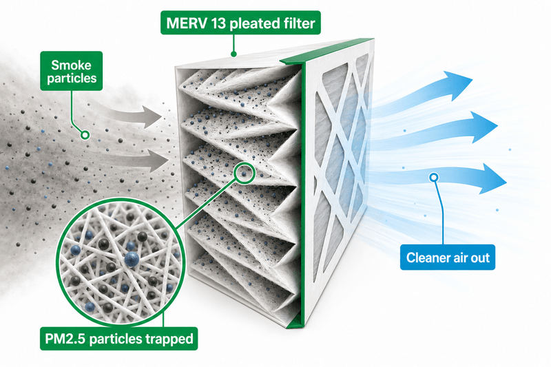 Diagram of a MERV 13 pleated air filter capturing fine PM2.5 wildfire smoke particles while clean air passes through.