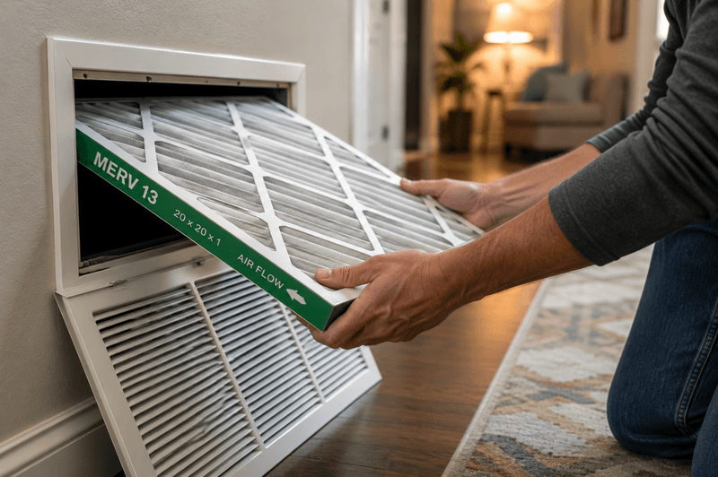 Homeowner installing a MERV 13 pleated air filter in a home HVAC return vent to reduce wildfire smoke indoors.