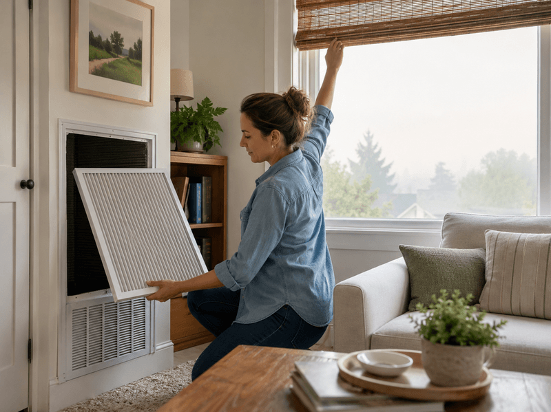 Homeowner closing windows and checking an air filter during a smoke event.