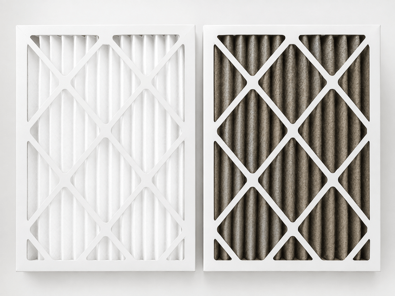 Clean MERV 13 air filter compared to one darkened by wildfire smoke particles after two weeks of use.