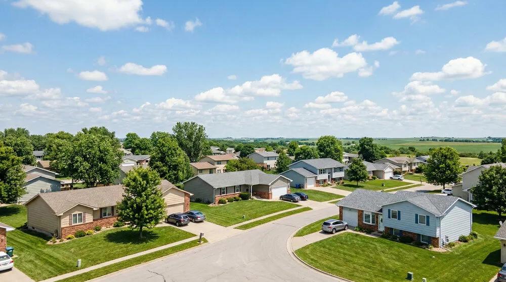 Aerial view of a Nebraska neighborhood with a live AQI map overlay by Filterbuy.com.