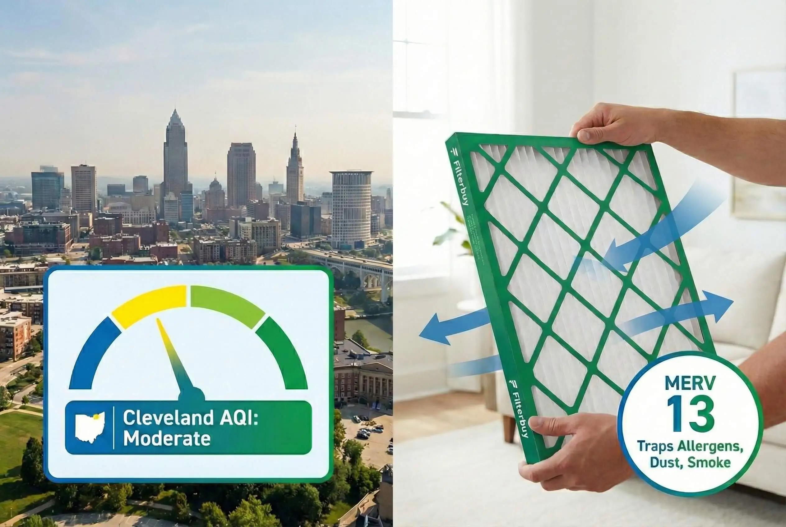 Filterbuy MERV 13 air filter in hand with airflow arrows, next to Cleveland skyline with moderate AQI gauge.