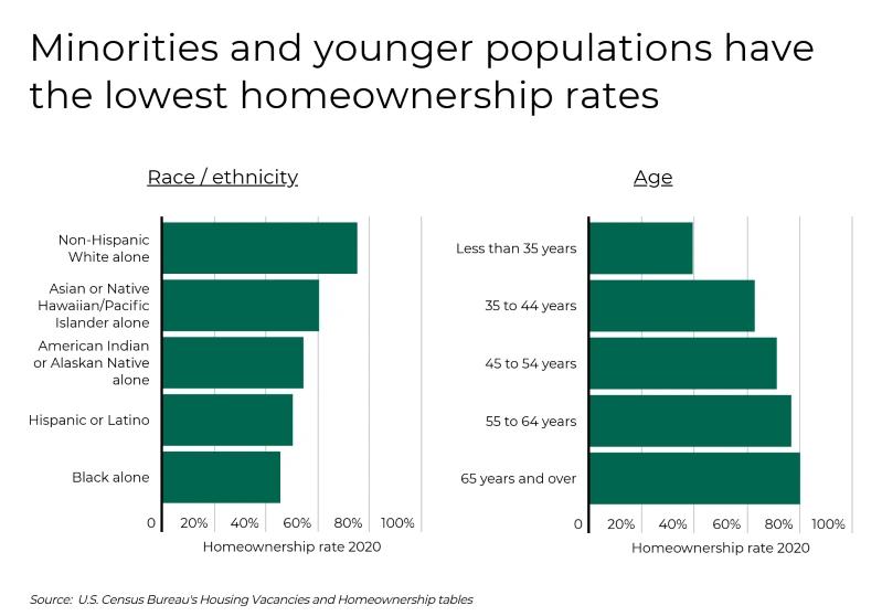 US Cities Homeownership Rates - Infographics of US homeownership rates by race, ethnicity, and age.