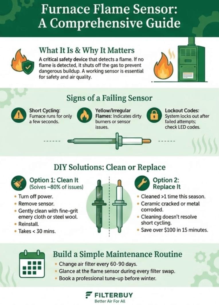 Infographic showing a Furnace Flame Sensor and a comprehensive guide on why it matters and signs it is failing.