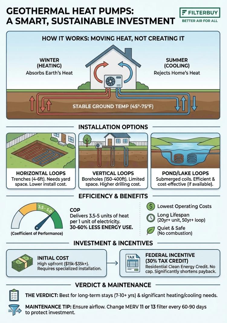 Infographic showing how geothermal heat pumps work at home.