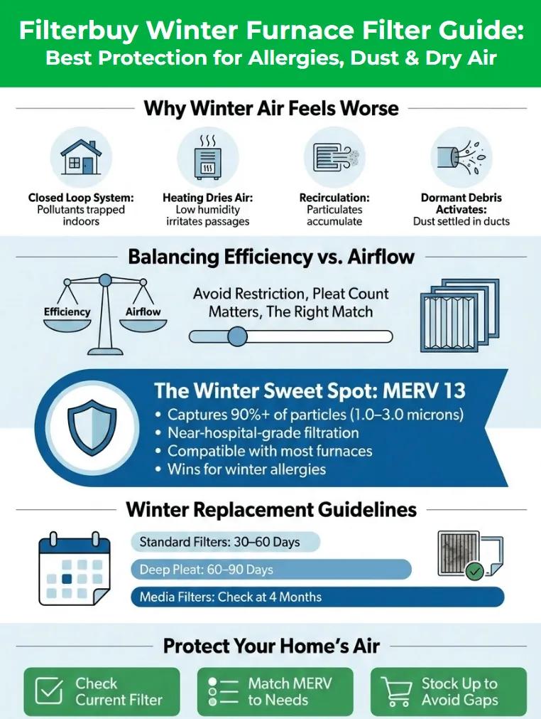 Infographic of Best Winter Furnace Filters for Allergies, Dust & Dry Air