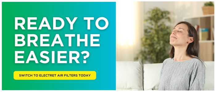 Woman breathing comfortably at home with text promoting electret air filters for cleaner indoor air.