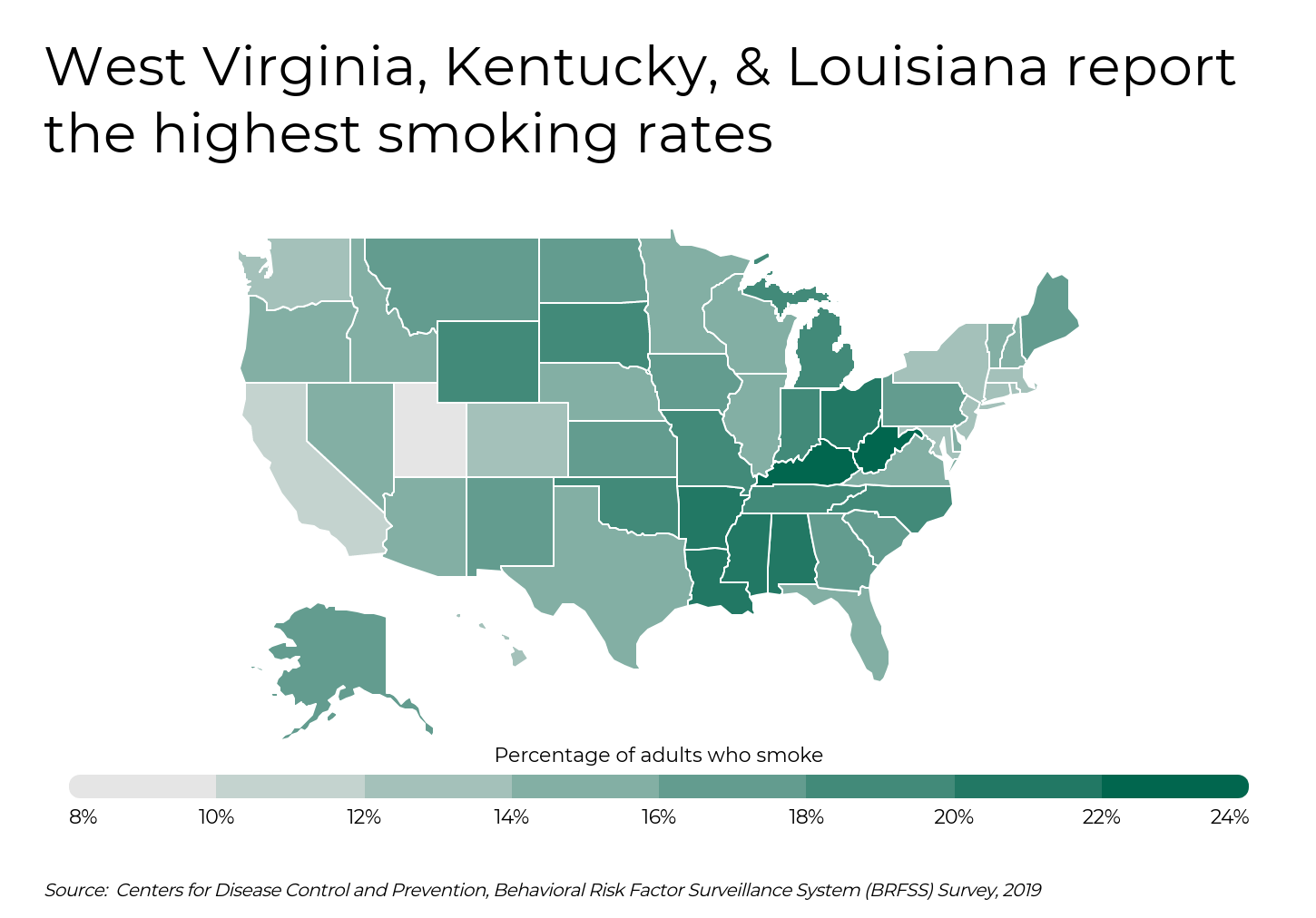 Cities With the Most Residents Who Smoke -Infographics of Cities With the Most Residents Who Smoke -Infographics of U.S. map showing smoking prevalence by state, with West Virginia, Kentucky, and Louisiana having the highest smoking rates.