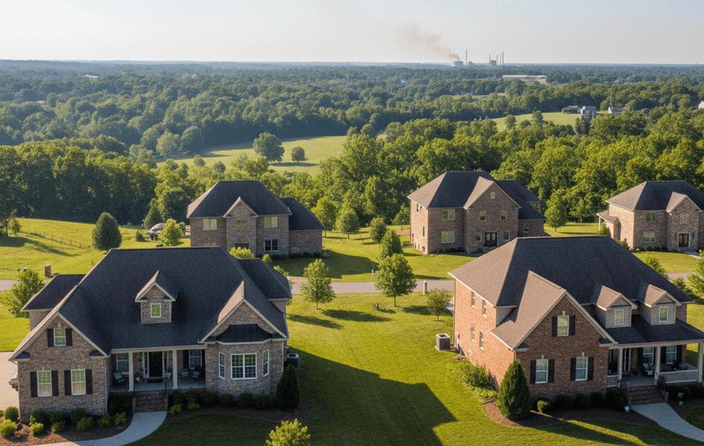 An image of a sprawling Kentucky residential neighborhood with modern brick homes and green rolling hills, used to check the live air quality index (AQI) map for Kentucky today.