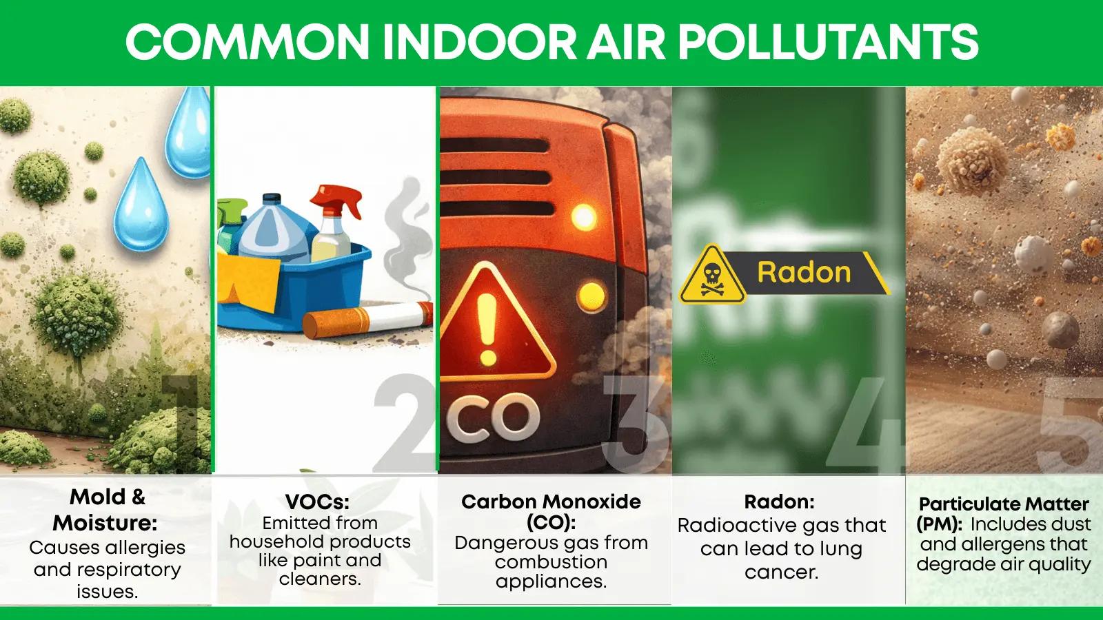 Guide to common indoor air pollutants such as mold VOCs carbon monoxide radon and dust particles