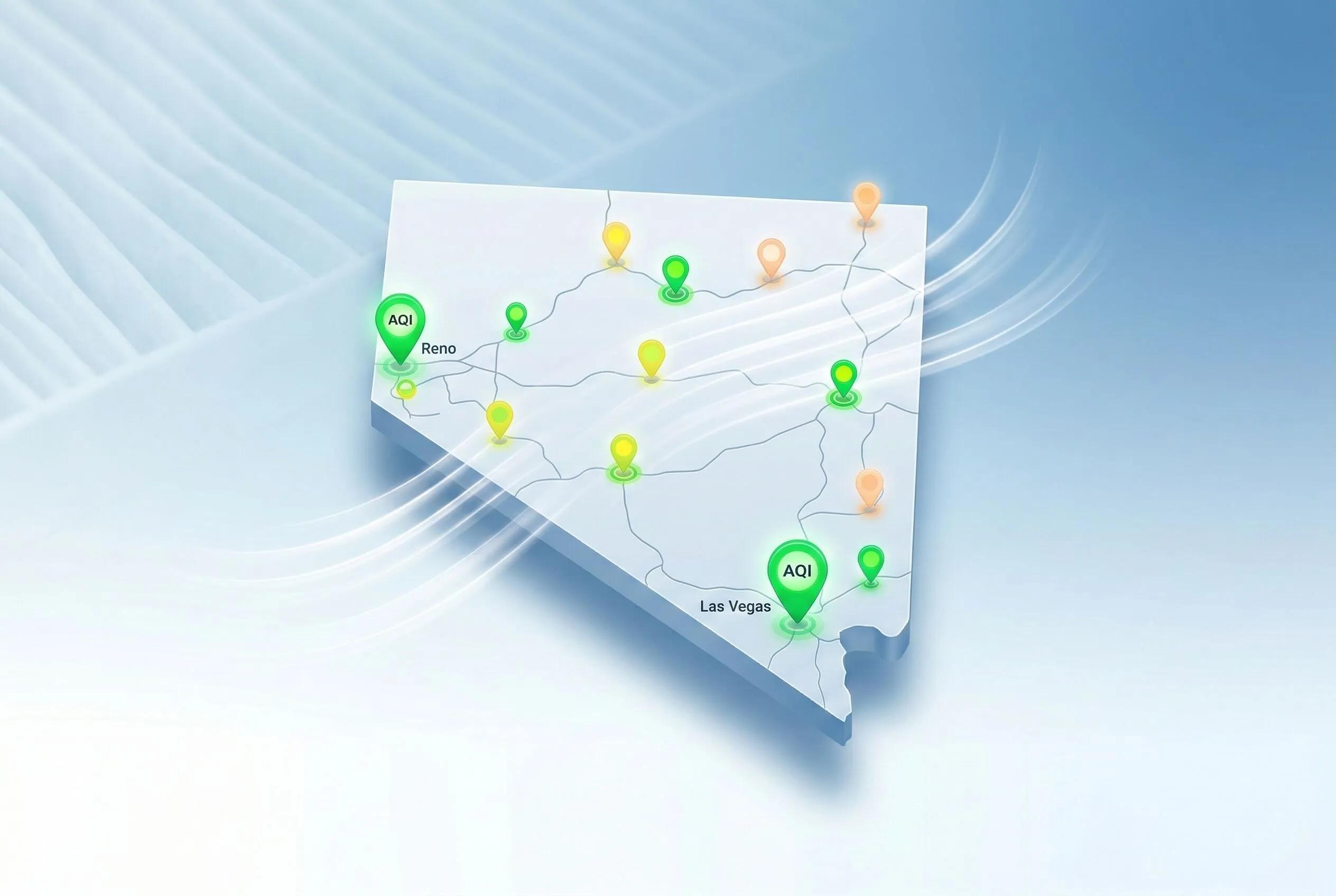 Live Nevada air quality index AQI map showing pollution levels in Reno Las Vegas and surrounding areas.