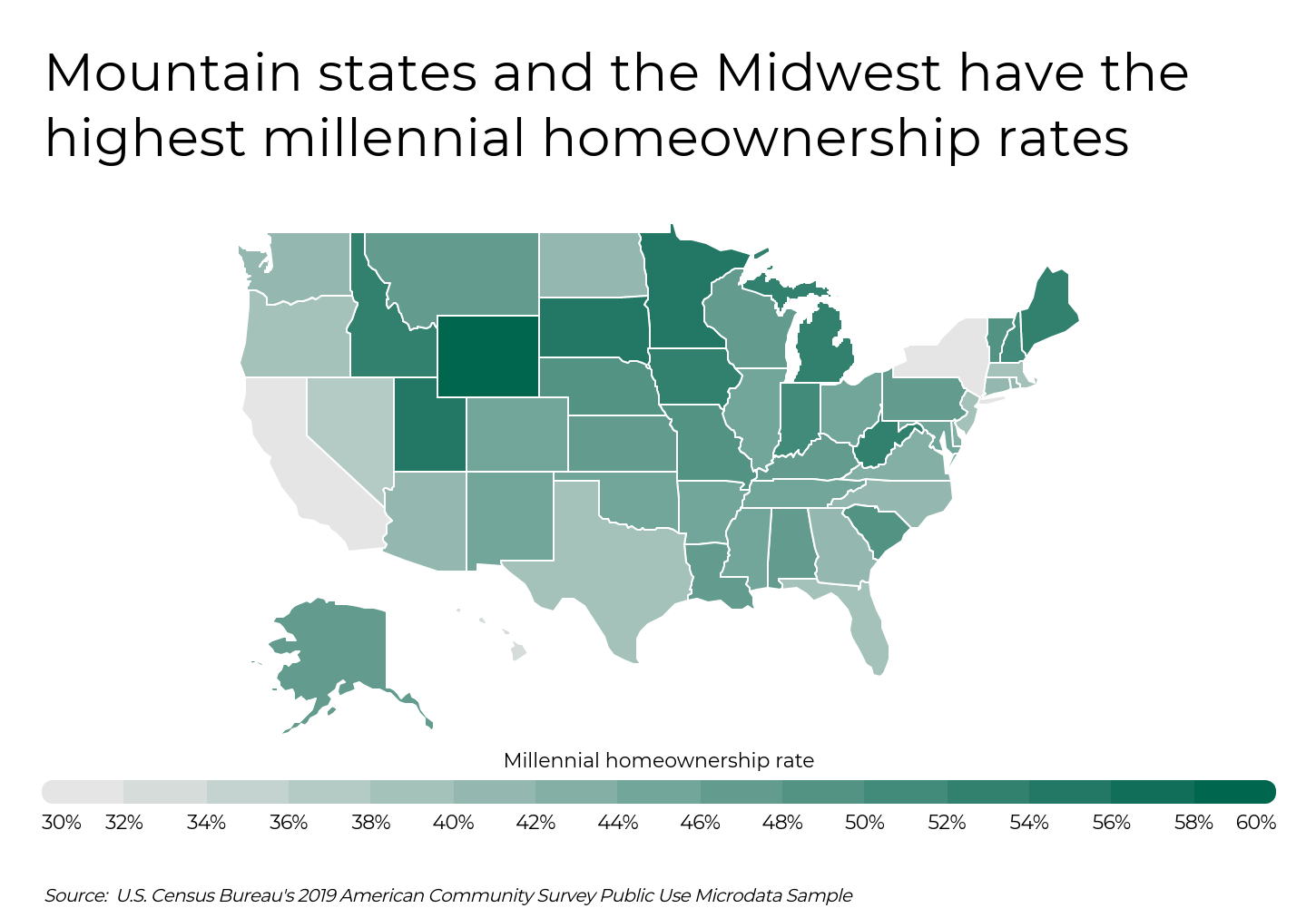 Map of the United States highlighting states with the highest millennial homeownership rates