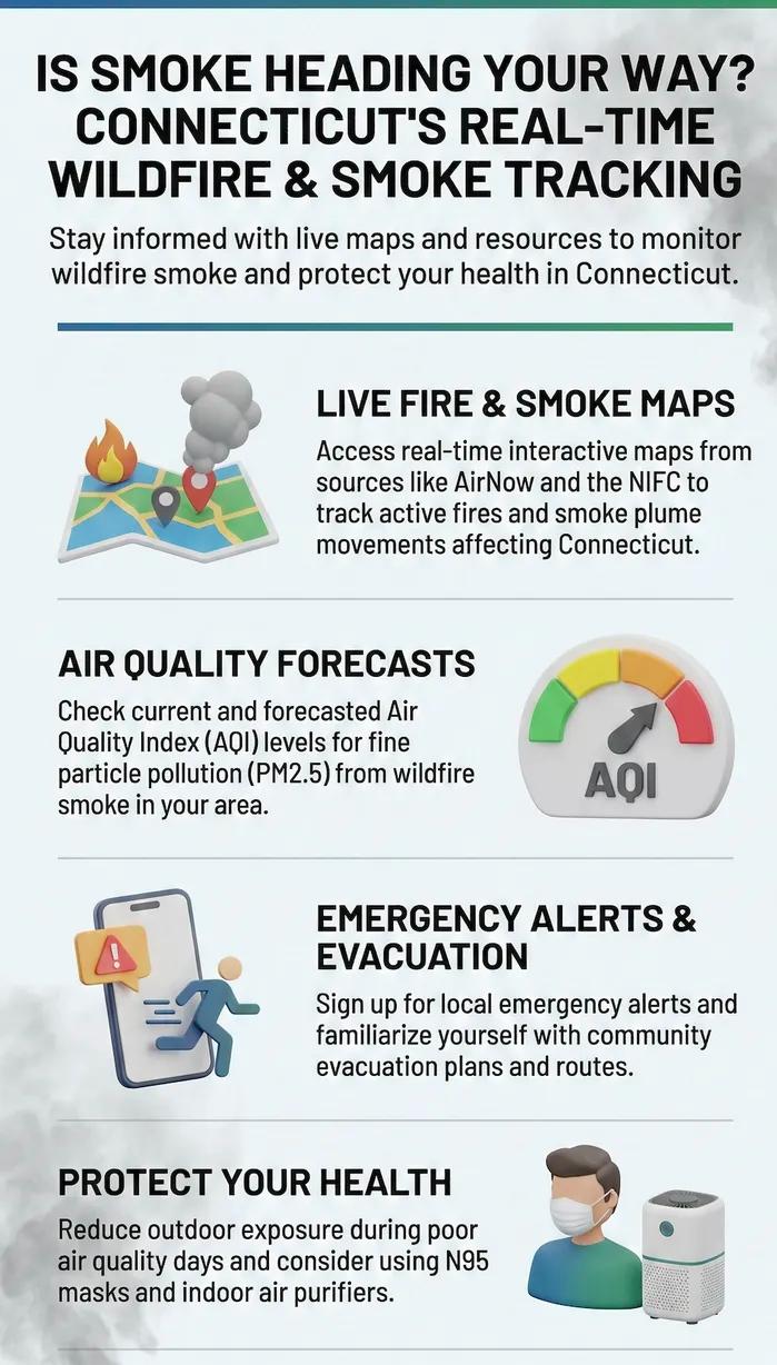 Infographic of Is Smoke Heading Your Way? Current Live Forest Wildfire and Smoke Map Today in Connecticut | Real-Time Fire & Evacuation Tracking