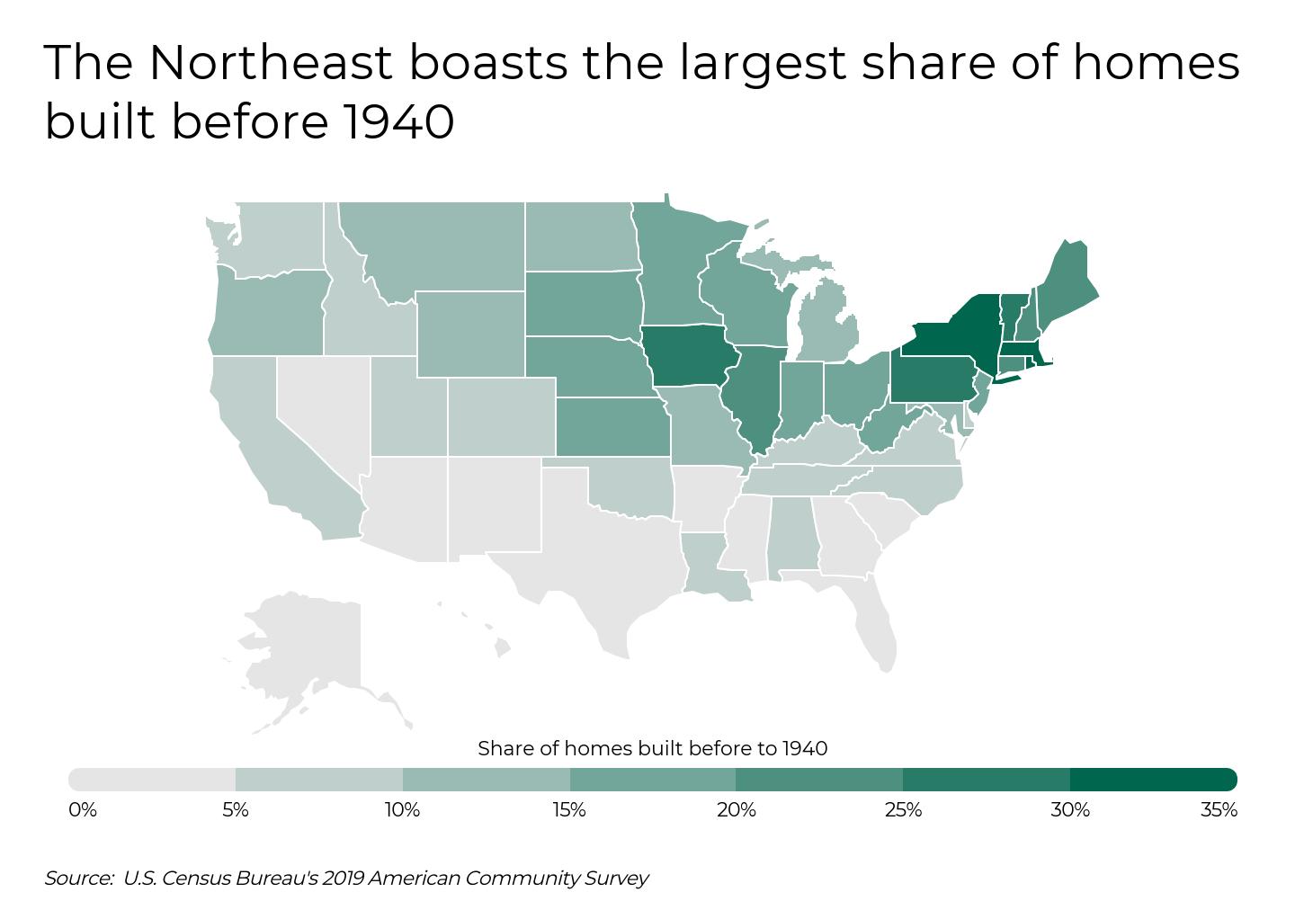 Chart of the Northeast side of the US with the largest share of homes built before 1940.