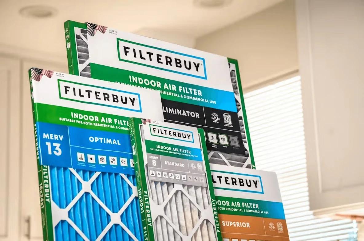 Filterbuy indoor air filters with MERV 11 and MERV 13 ratings for residential HVAC systems.