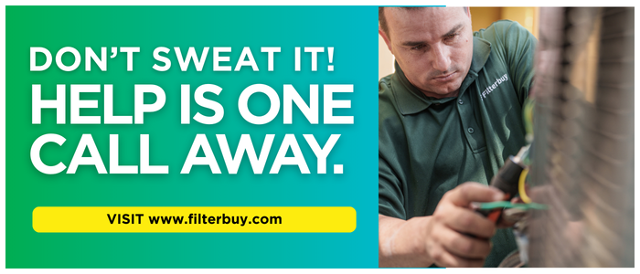 HVAC technician working on an air conditioner with text offering professional help from Filterbuy.