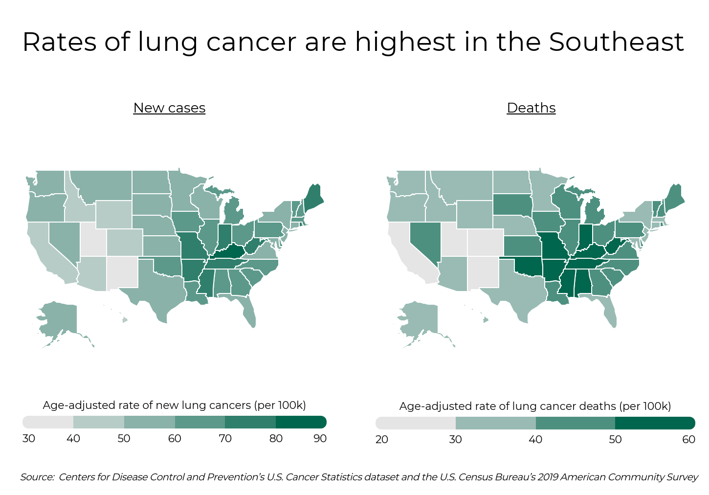 States and Counties With the Highest Rates of Lung Cancer - Infographics of U.S. maps showing Southeast states leading in lung cancer cases and deaths, highlighting regional disparities.