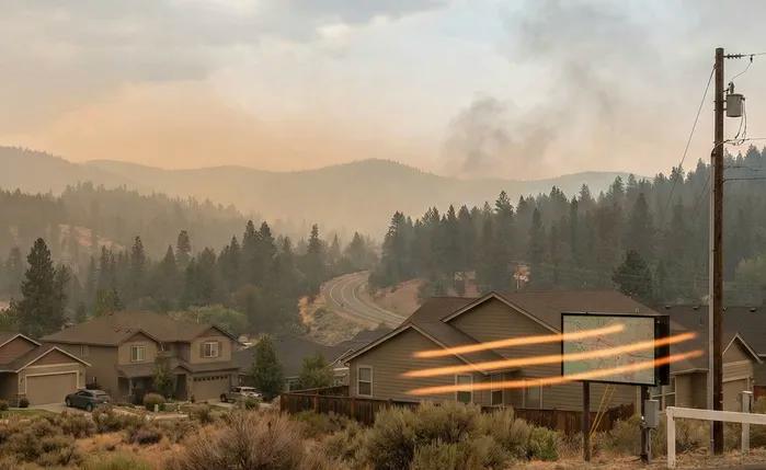 A hazy, smoke-filled view of a residential neighborhood near forested hills in San Jose, CA, with a text overlay asking "Is Your Neighborhood at Risk?" and an inset showing a current live forest wildfire and smoke map today with marked evacuation zones.