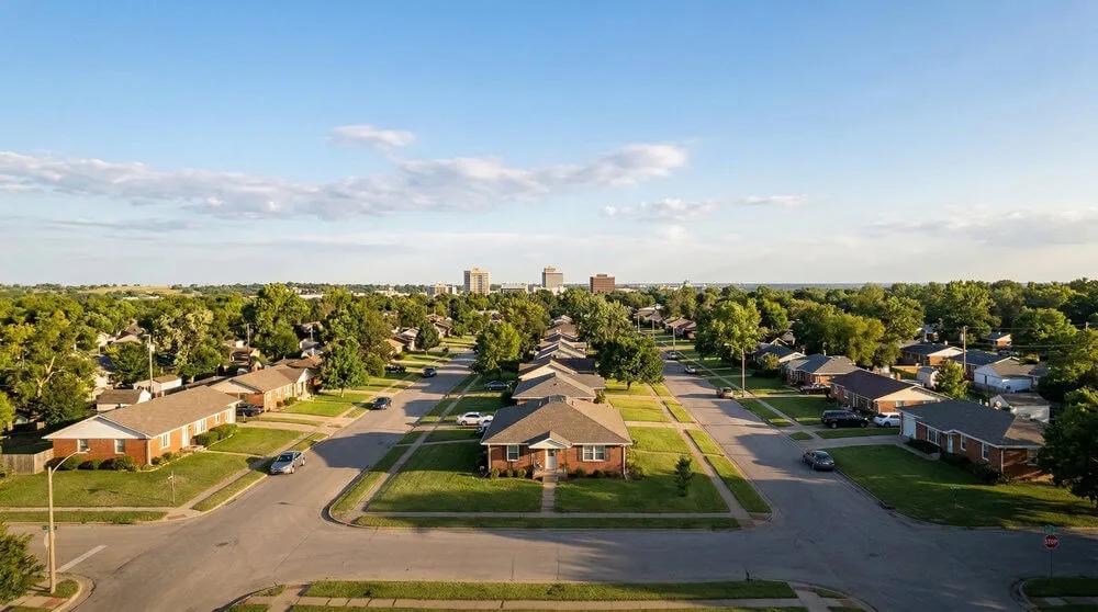 An image of a suburban neighborhood in Wichita, Kansas during the daytime.