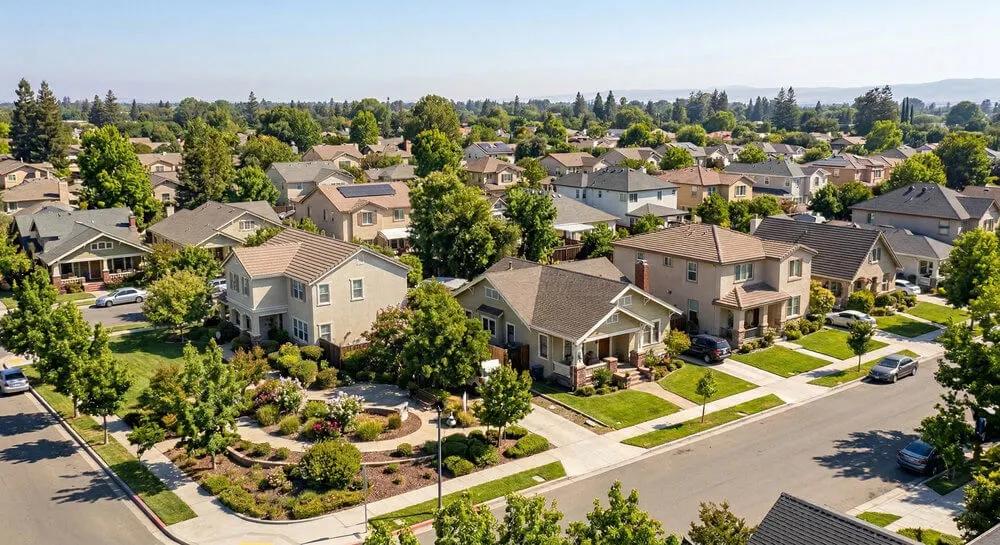 An image of a sunny, suburban neighborhood in Stockton, California.