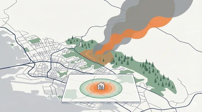 An illustrated map showing a wildfire in a forested area near a city, with a large smoke plume and a focused inset map highlighting a residential safety zone.