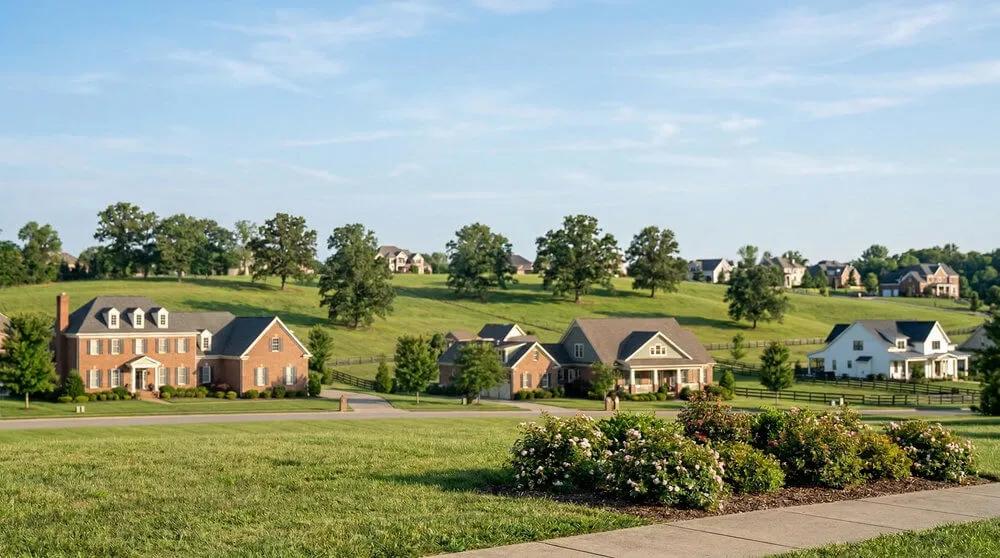 A view of an upscale suburban neighborhood in Lexington, Kentucky, featuring large, traditional brick and farmhouse-style homes.