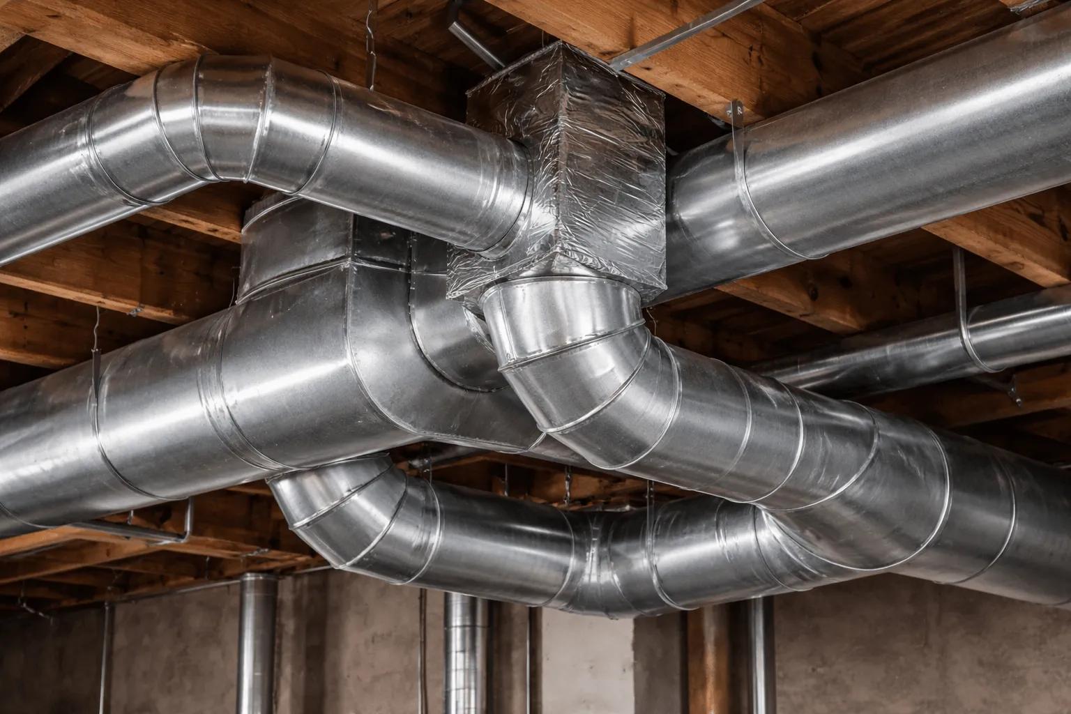 View of an HVAC ductwork in basement with sealed joints and insulation wrap, illustrating winter duct sealing and insulation tips for improved heating efficiency and home comfort