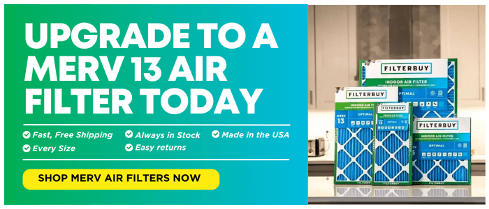 Banner promoting upgrading to a MERV 13 air filter for wildfire smoke protection.