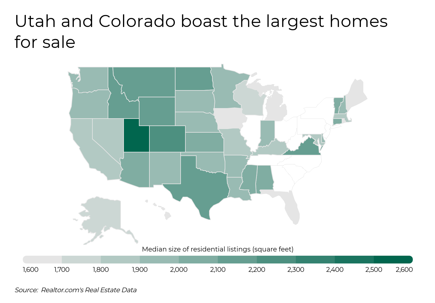 U.S. map illustrating median home size by state using color gradient from 1,600 to 2,600 square feet.