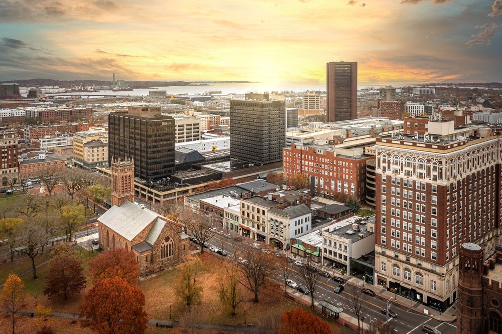 Image of Connecticut homes and commercial business district at fall.