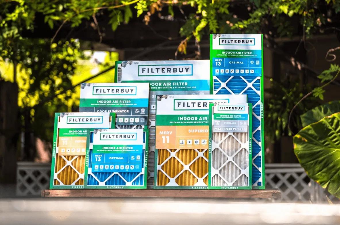Filterbuy air filters in various MERV ratings displayed outdoors, offering essential air quality protection during Utah wildfires and smoke events.