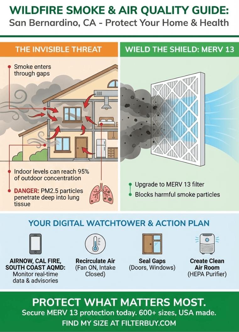 Infographic showing wildfire smoke and air quality guide for San Bernardino, Ca.