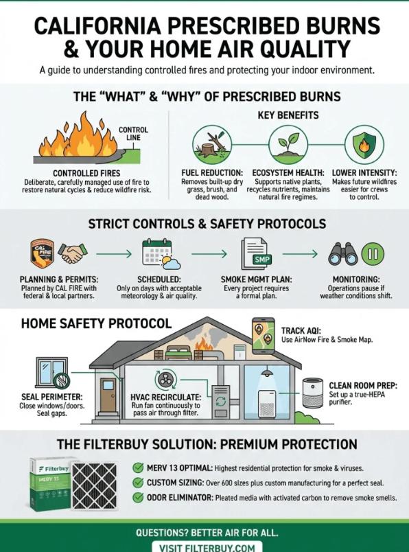 Infographic of California Prescribed Burns and Your Home Air Quality signifying how Filterbuy's odor eliminator air filter and MERV 13 are the gold standard to reducing the effects of burns.