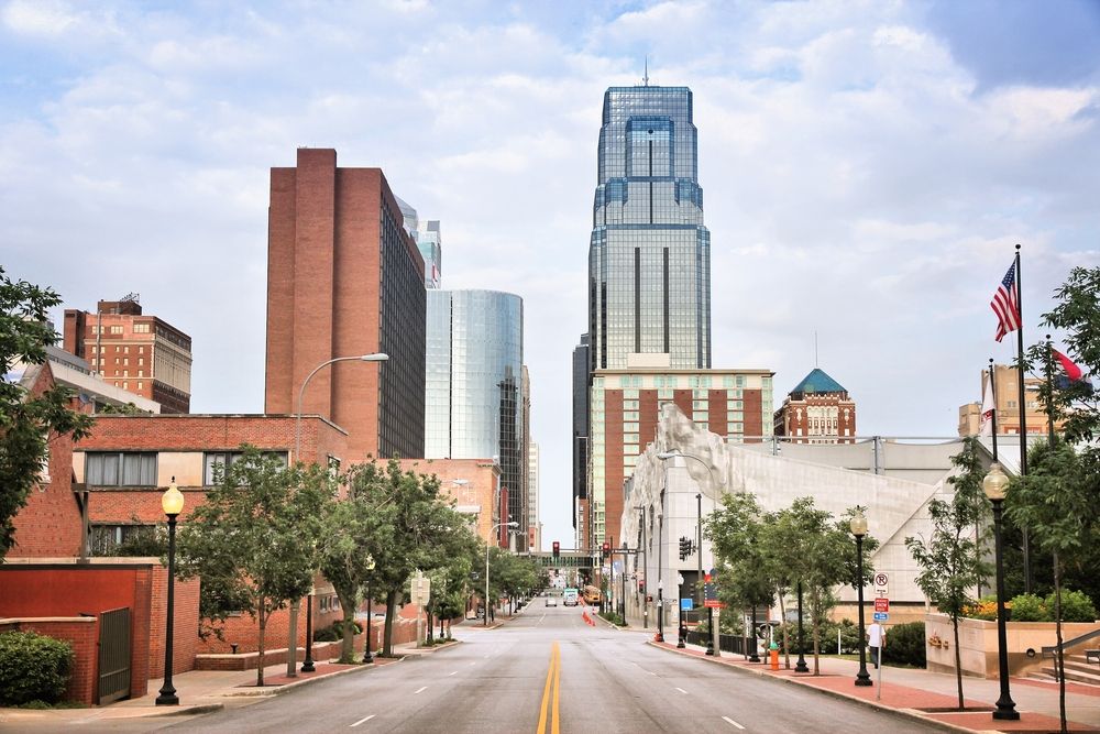 Kansas City downtown view with modern and historic buildings.