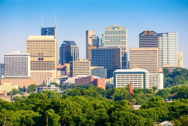 Cities with the Most Asthma Cases - Image of Nashville downtown skyline with skyscrapers, capturing a vibrant view of the city.