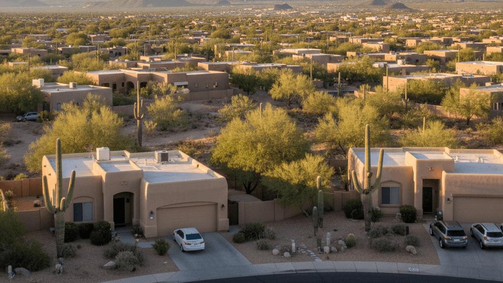 An image of a Tucson, Arizona neighborhood with desert homes and Saguaro cacti.