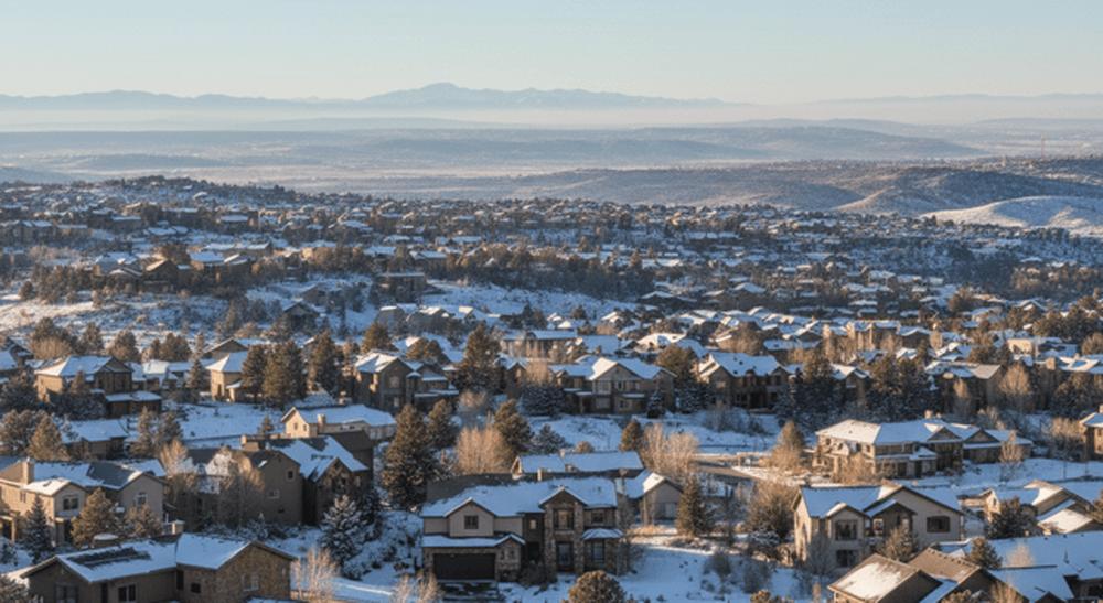 An image of a snowy Colorado neighborhood with a mountain backdrop.