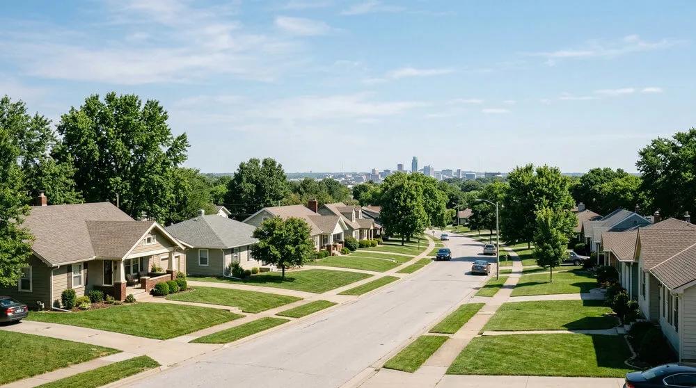 A view of a sunny Omaha suburban neighborhood.