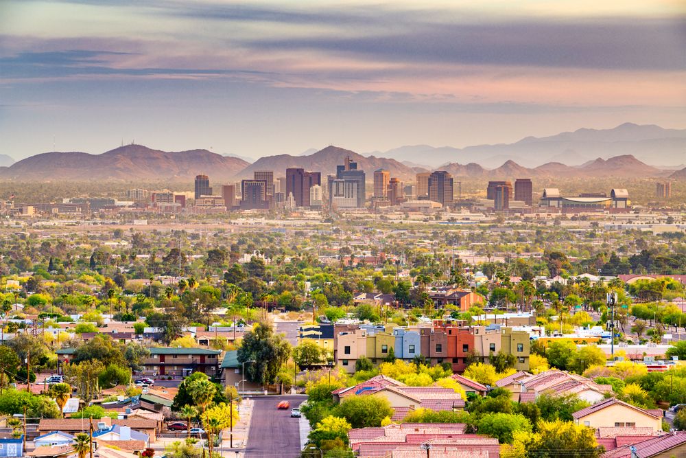 Skyline of Phoenix-Mesa-Chandler, AZ in the middle of the dessert.