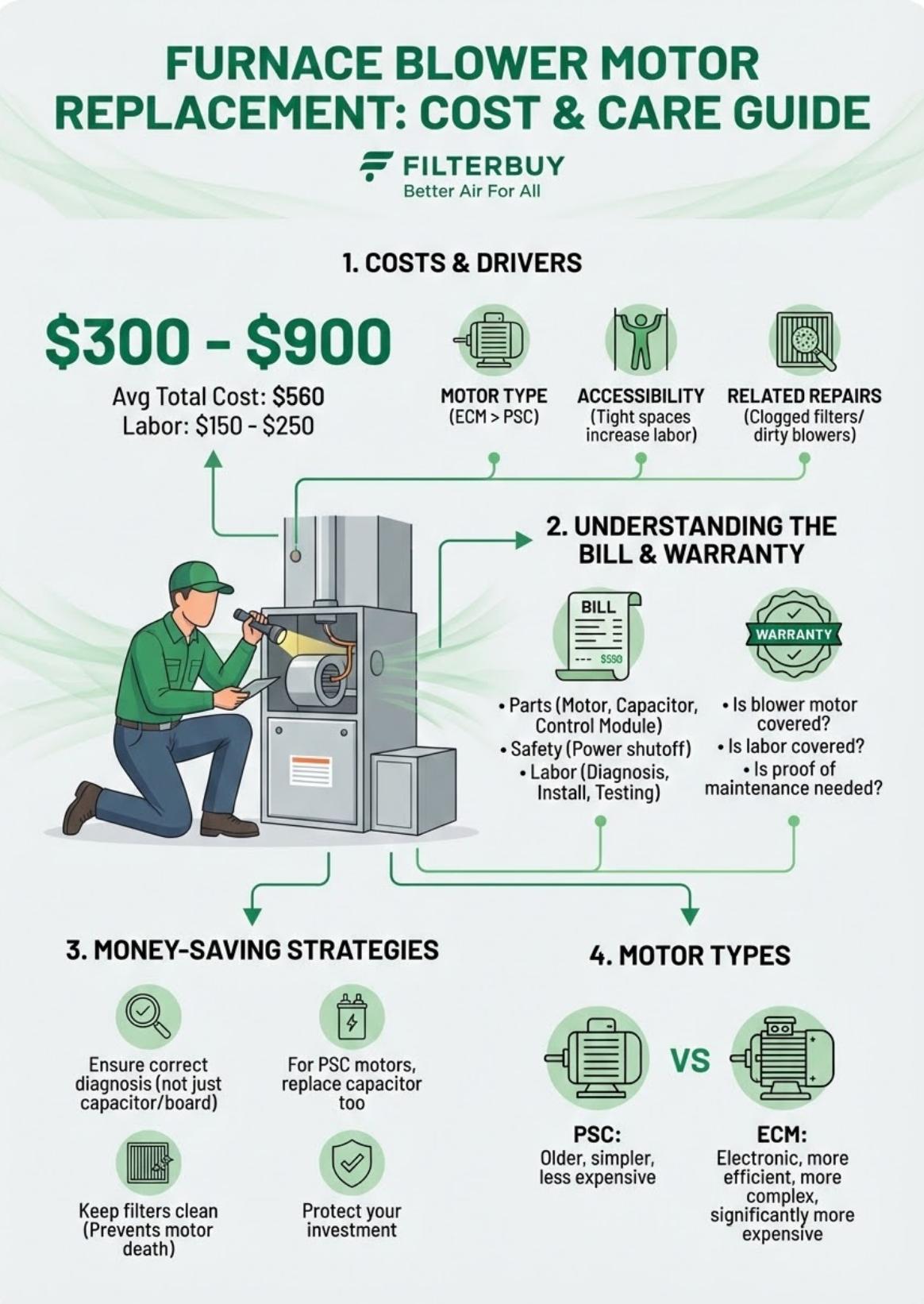 Furnace blower motor replacement cost guide showing price range, labor costs, warranty details, money-saving tips, and comparison of PSC vs ECM blower motors.