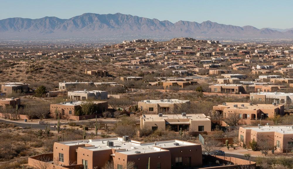 An image of a sprawling El Paso, Texas residential neighborhood with adobe-style homes and desert landscaping set against the Franklin Mountains.