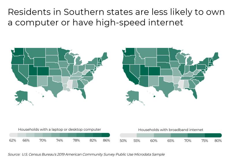 View of U.S. map showing computer and broadband access rates, revealing Southern states are least prepared to work from home.