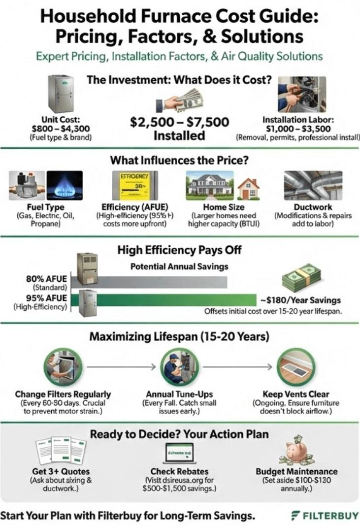 Infographic showing Household Furnace Cost Guide showing pricing, factors and solutions.