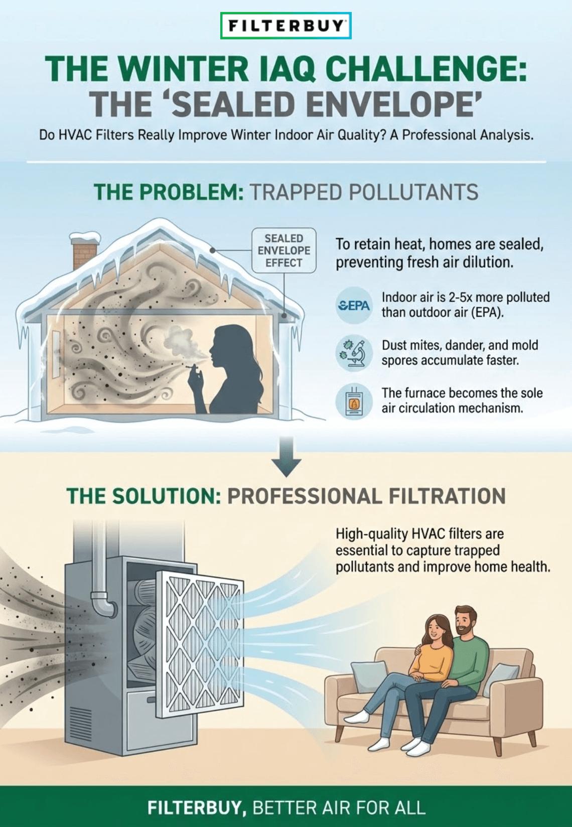 An infographic explaining temperature zoning & airflow in winter, showing the sealed envelope effect, trapped indoor pollutants, and how HVAC filters improve winter indoor air quality through professional filtration.