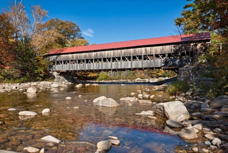 The Hottest City in Every State - Infographics of a covered bridge in New Hampshire, where even the state’s hottest areas see only mild summer heat compared to national extremes