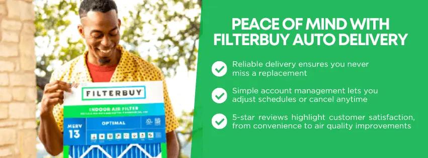 Customer holding Filterbuy MERV 13 air filter with messaging about auto delivery and subscription convenience.