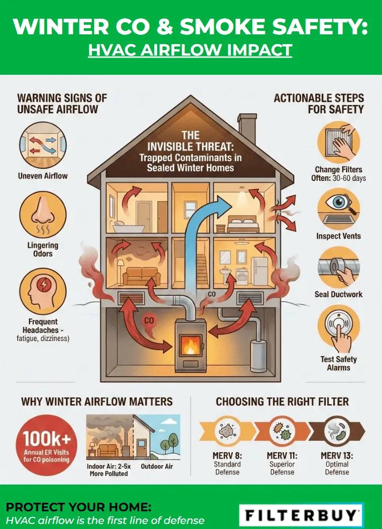 Infographic of Winter CO & Smoke Safety: How HVAC Airflow Impacts Home Protection