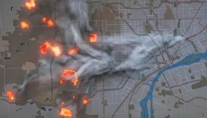 A television screen displays a map of the Detroit, Michigan area with several glowing orange fire icons and white smoke plumes drifting across the city.